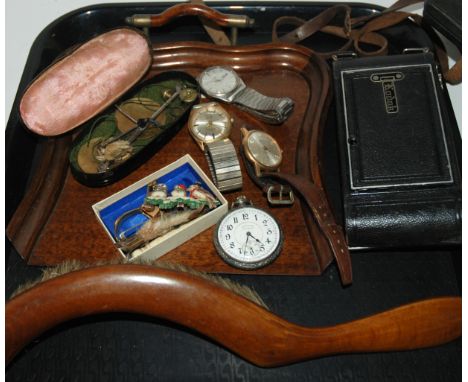 A tray lot including sovereign scale, crumb brush and tray, vintage camera, binoculars, wristwatches etc Condition Report: Av