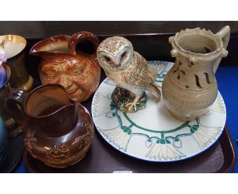 A Beswick figure of a barn owl, a stoneware puzzle jug, a stoneware hunting dated 1868 and other items Condition Report: Avai