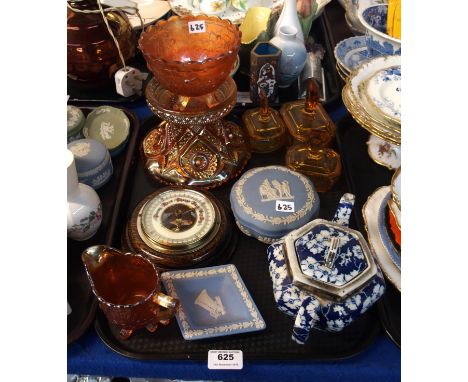 Carnival glass sugar bowl and jug, barometer, blue and white teapot etc Condition Report: Available upon request