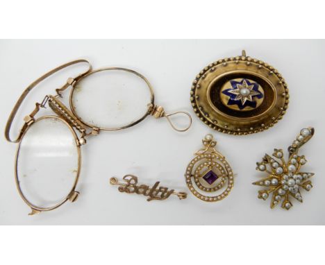 A Victorian pearl and blue enamel balloon brooch, dimensions 4cm x 3.4cm, a bright yellow metal Arts &amp; Crafts pearl and a