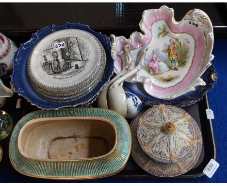 Four Victorian transfer printed stands with scenes from Dickens, a Bisque pot cover and stand and assorted other items Condit