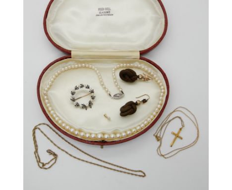 A yellow and white metal pearl and diamond brooch, diamond accent pendant, hair earrings, pearls with a 9ct clasp and other i