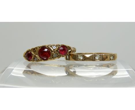 An 18ct gold red gem and rose cut diamond ring, size P, weight 2gms, together with a 9ct gold clear gem set eternity ring Con