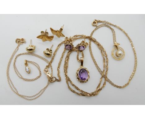 A 9ct gold rope chain with amethyst pendant and matching earrings, a 9ct pearl pendant and chain, a further pendant and chain