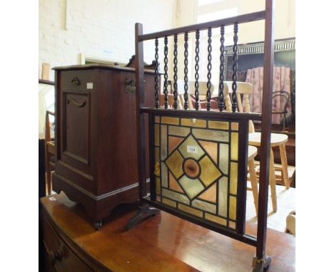 A mahogany leaded light fire screen (as found) and a mahogany coal purdonium 