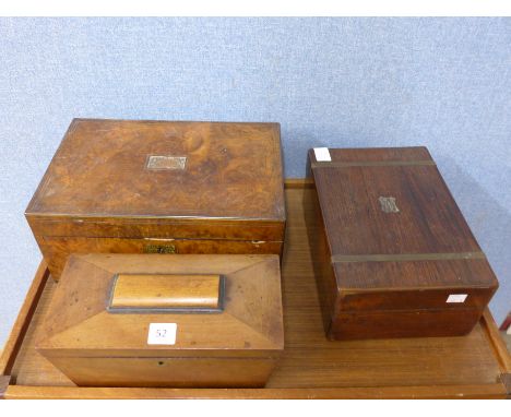 A Victorian mahogany sarcophagus shaped tea caddy, burr walnut work box and rosewood work box
