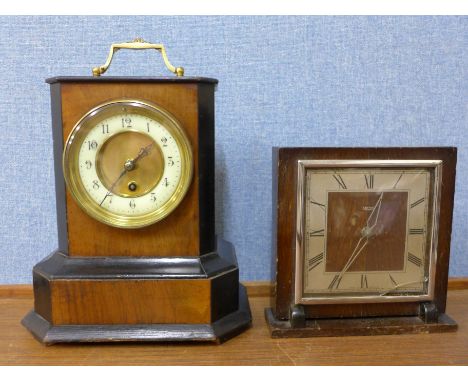 A 19th Century German walnut and ebonised mantel clock and Smiths oak timepiece