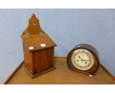 An oak candle box and Smiths Enfield mantel clock