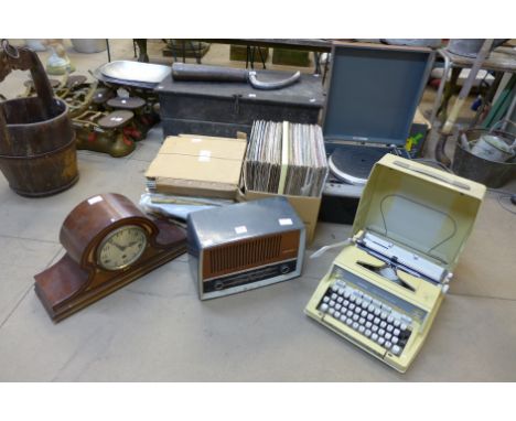 A Garrard record player, typewriter, mantel clock, radiogram and records