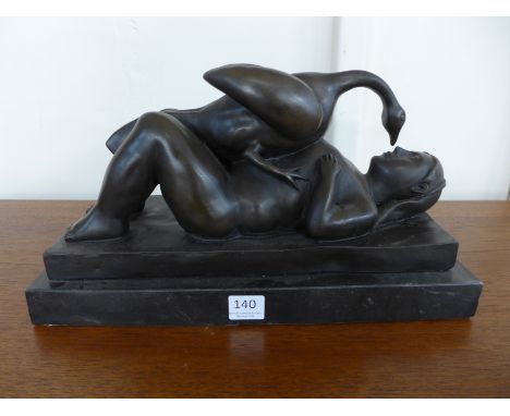 An abstract bronze female nude with duck, on black marble plinth