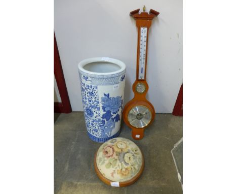 A Chinese blue and white stick stand, Victorian style stool and aneroid barometer