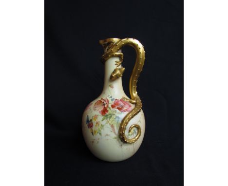 A Royal Worcester ewer with dragon handle, blush ground, hand painted and gilded, circa 1892, 29cm high