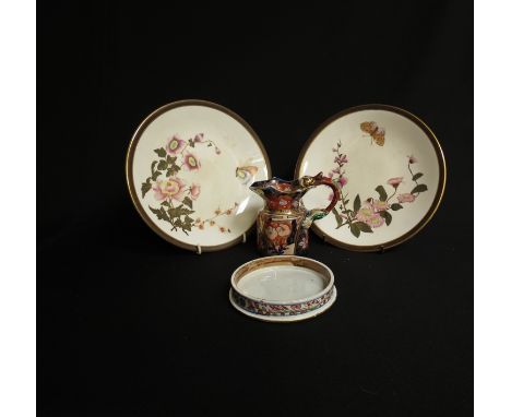 A Georgian 'Masons' jug, a pot lid and two  Royal Worcester plates with puce retailers marks 
