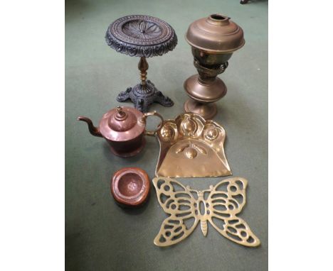 A box of miscellaneous including copper kettle, oil lamp parts and stand etc 