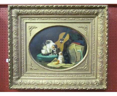 C. PRESSIT: Victorian style study of cat and kittens playing in ornate frame, label verso 