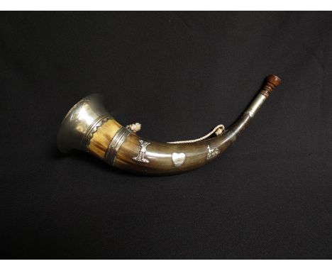A 19th Century horn hunting horn with white metal mounts and figures