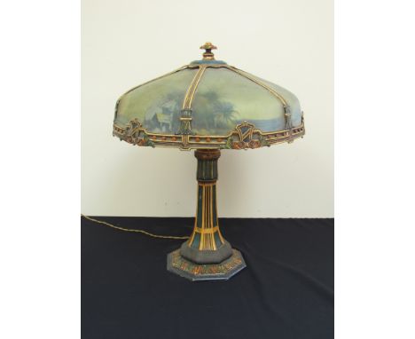 An early 20th Century Edward Miller table lamp, Connecticut USA, reverse painted glass panels, one panel broken, paint loss, 