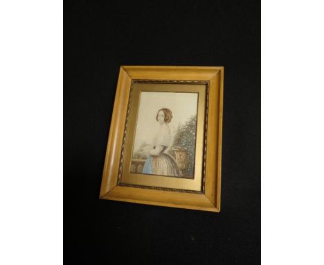 A watercolour miniature half length portrait of female in satin and lace gown in exterior setting, 11.5 x 8cm