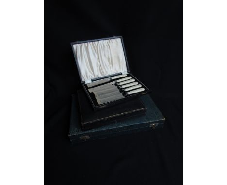 Five cased cutlery sets including pair of fish servers with silver ferrules and mother of pearl handles, EPNS fruit knives an