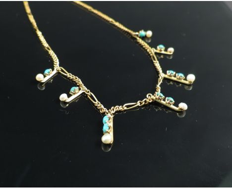 A Figaro necklace hung with seven drops set with turquoise and seed pearl.  14ct gold, not marked 