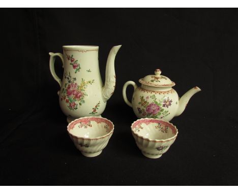 Two Newhall tea bowls and an 18th Century teapot with hand painted floral detail and bullet form teapot 