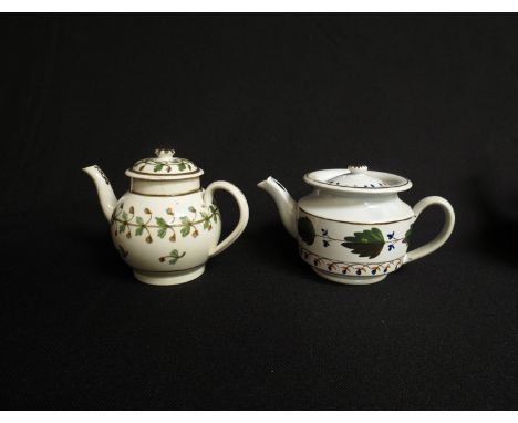 Two Pearl ware teapots of small proportions, decorated with leafy green bands