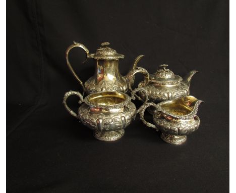 An early Victorian William Robert Smily silver four piece tea and coffee service with floral finials and borders, acanthus le