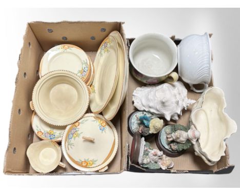 A large conch shell, two pottery basins, three Italian figures, a gilt centre bowl and a quantity of Crown Devon Fielding's A