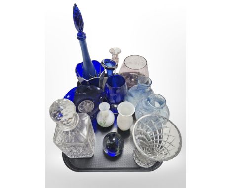 A group of Art Glass vases, paperweights, crystal decanter etc 