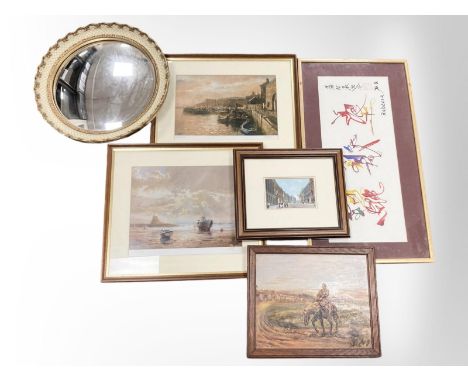 A group of pictures and prints to include two signed Walter Holmes prints 'Seahouses' & 'Lindisfarne', circular mirror with g