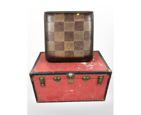 A metal bound canvas trunk, width 90cm, and a stitched vinyl footstool. 