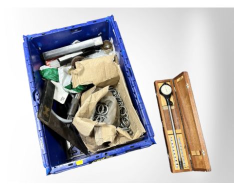 A group of tools, boxed Mercer pressure gauge, draughtsman's square, metal chain links, welding items etc (1 box)