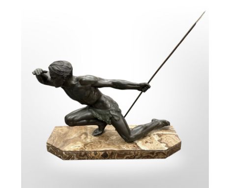 After Jean de Roncourt, an Art Deco patinated spelter figure of an athletic hunter in kneeled pose with spear in hand, on mar