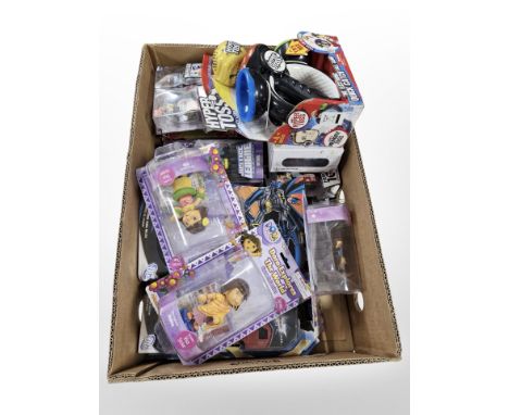 A quantity of Mattel and other toys and figurines including Batman, Harry Potter, Hero 108, etc, all boxed. (1 box) 
