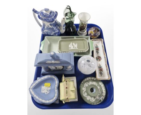 Assorted ceramics including Wedgwood blue and green Jasper ware items, Copeland Spode Italian teapot, Coalport Tawny owl vase