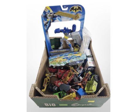 Two Mattel Batman figurines, group of boxed and unboxed die cast cars including Day's gone, Tonka etc (1 box)
