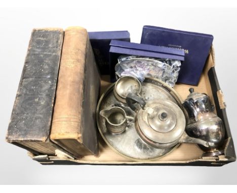 A Victorian Holy Bible, a further volume of religious engravings, three boxed Royal Worcester collectors plates, silver plate