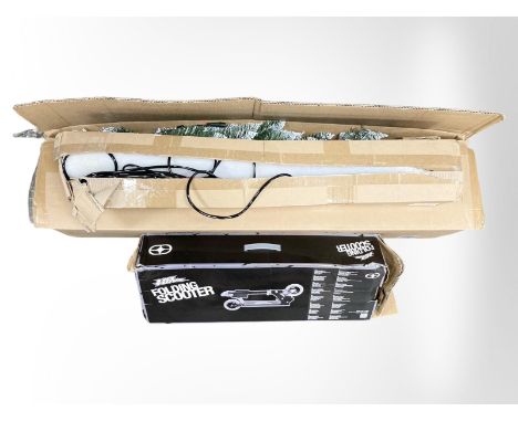 An LED light bar, together with a No Fear folding scooter and a Christmas tree, in box. 