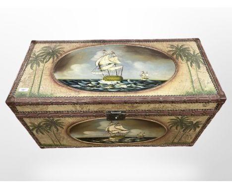 A reproduction trunk with ship decoration, width 87 cm. 