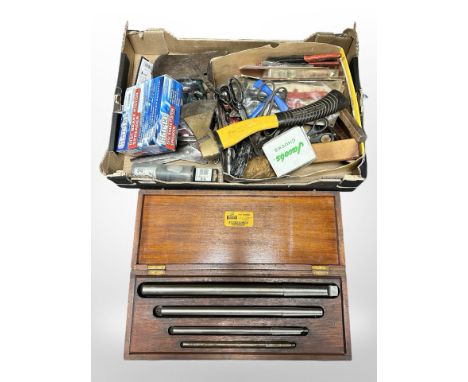 A group of hand tools and hardware, boxed Morse taper test mandrel etc (1 box)