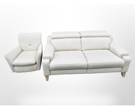 A Parker Knoll three seater settee and matching armchair in oatmeal fabric, settee 192 cm long x 103 cm deep x 83 cm high