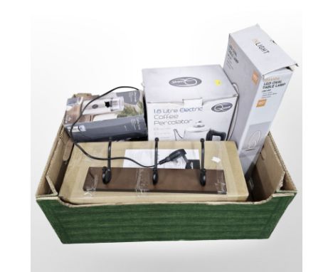 A group of boxed homewares, coat racks, coffee grinder, perculator, table lamp etc (1 box)
