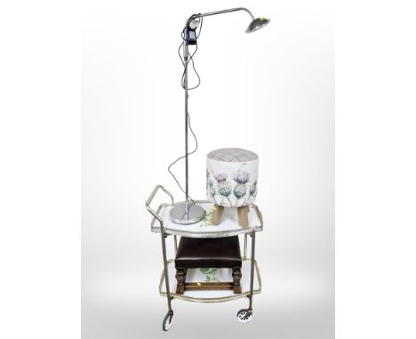 A vintage two tier drinks trolley, oak framed stool, a contemporary stool and a chrome lamp. 