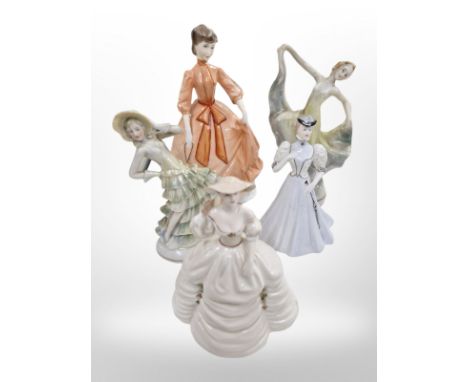 A Royal Worcester figure 'Charity', two Coalport figures 'Elaine' & 'Penny' and two further Continental figures, tallest 19 c