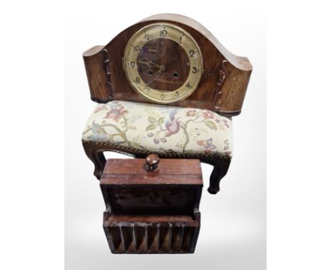 An Art Deco walnut mantle clock, a small foot stool and a further box. 