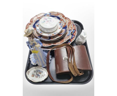 A group of Japanese Imari export dishes, Aynsley Wild Tudor owl figure, further Aynsley trinket box, Franklin Mint figure of 