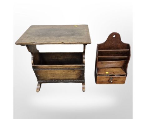 A reproduction oak magazine table and a pine correspondance shelf 