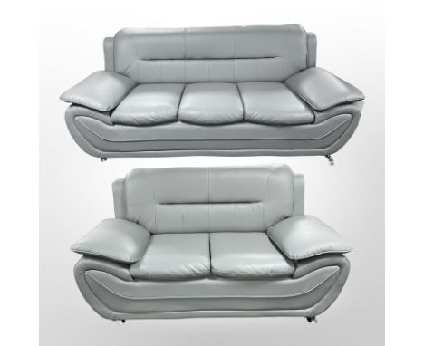 A contemporary Parker Knoll stitched grey leather three seater settee, 196 cm, and matching two seater, on chrome feet 