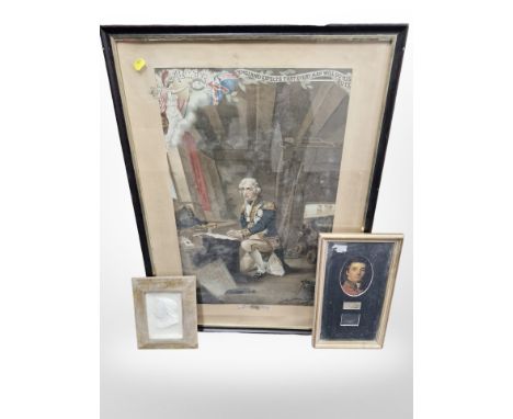 A 19th century colour lithograph 'Nelson's Last Prayer', a further portrait print of the Duke of Wellington and a relief pane
