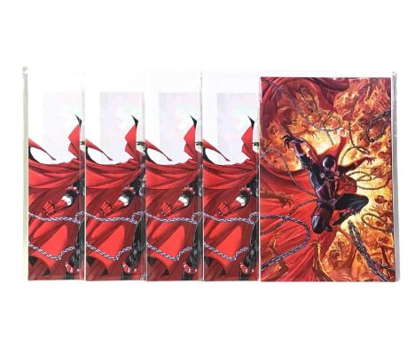 SPAWN ART BOOK, BY TODD MCFARLANE along with a collection of Spawn comic books including Spawn Vs Batman and Chadwick Boseman